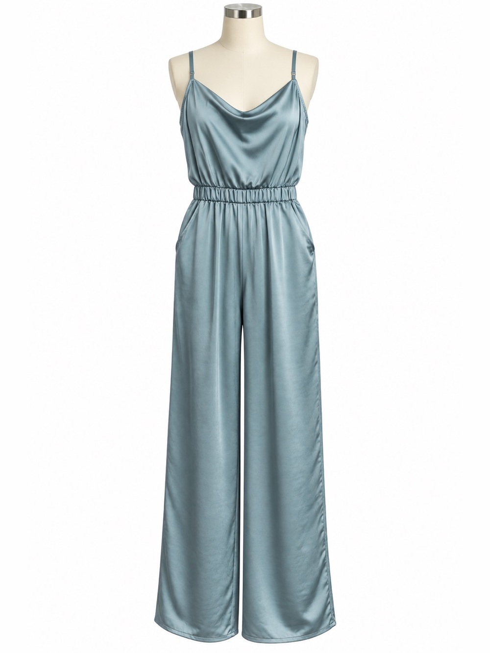 Skies Are Blue Satin Cowl Neck Wide Leg Jumpsuit Dusty Blue Medium